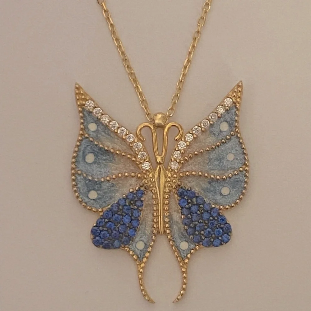 🦋 Butterfly necklace 925 silver sapphire blue cz 18k yellow gold plated